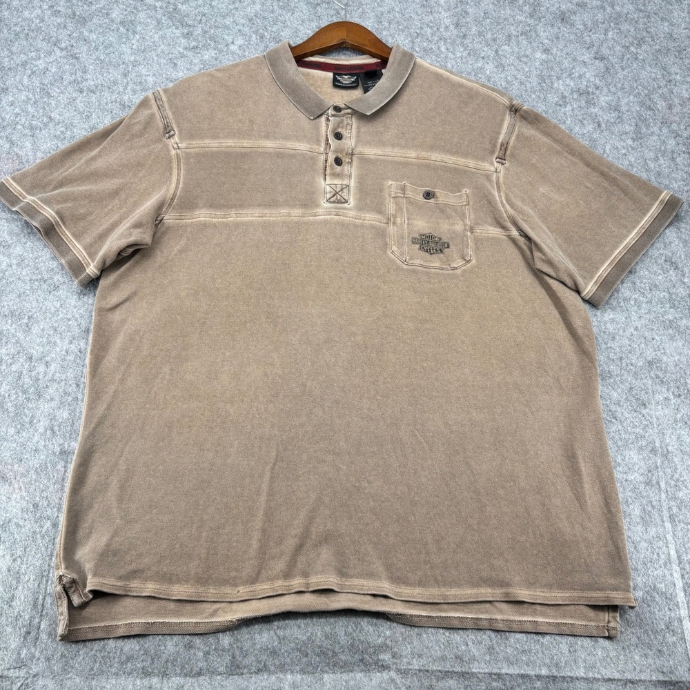 Harley Davidson Mens 2XL Brown Faded Logo Pocket Polo Shirt Short Sleeve Cotton